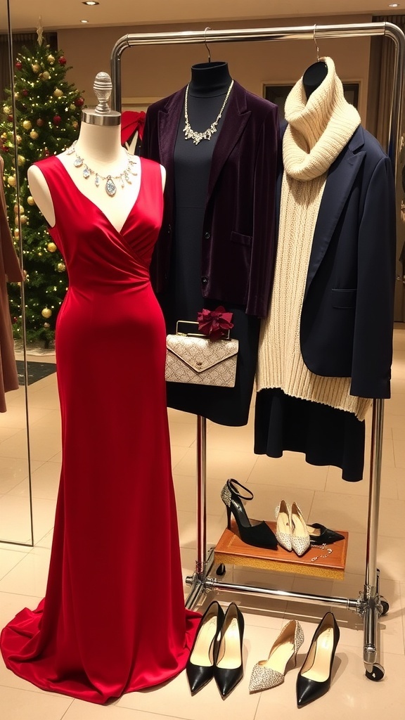 Christmas Dinner Party Outfit Ideas A collection of Christmas dinner party outfits including a red velvet gown, navy blazer, and cream sweater with festive accessories.